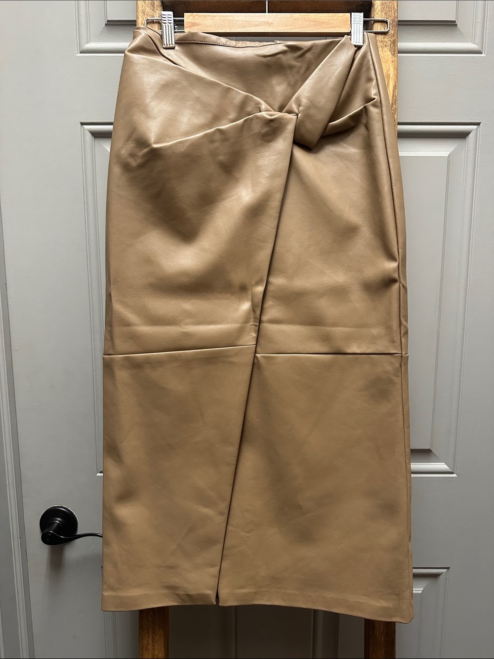 Mustard Seed Camel Faux-Leather Midi Skirt with Twist Front